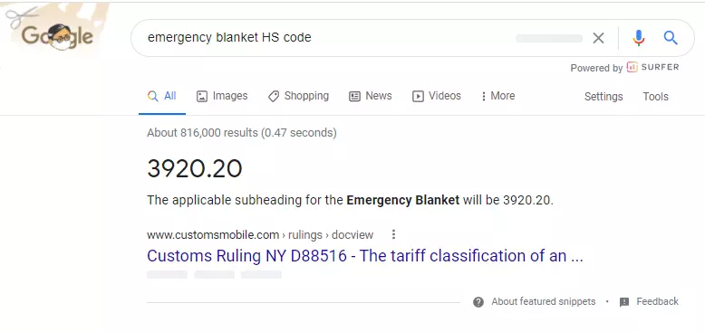 HS CODE for emergency blanket on google